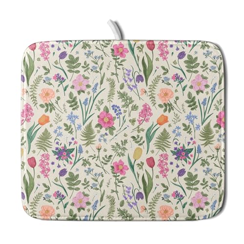 Spring Floral Dish Drying Mat for Kitchen Counter 16x18 Pink Sage Green Flower Vintage Botanical Print Absorbent Reversible Microfiber Drying Mats Kitchen Countertop Protector Dishes Drainer Rack Pad (16" x 18")