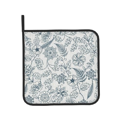 Blue Floral Oven Mitts Set (Vintage Blue White Floral)