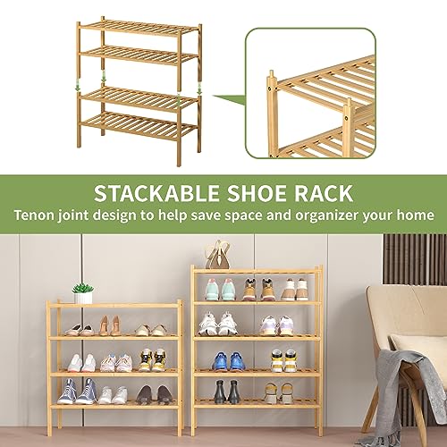 4 Tier Bamboo Shoe Rack for Closet Free Standing Wood Shoe Shelf for Entryway Small Space Stackable 27"x11"x26" (Natural / 4 tier)
