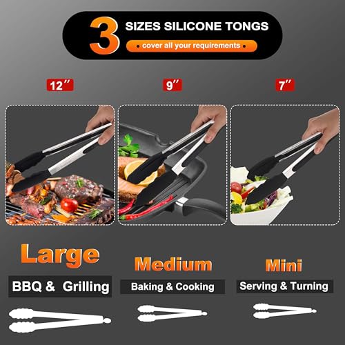 Non Stick Silicone Locking Tong Set of 3 (7+9+12 Inch / 3 Pcs Silicone - Black)