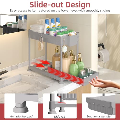 4-Pack 2-Tier Under Sink Organizer with Pull Out Drawers (Grey / 14.8 Inch)