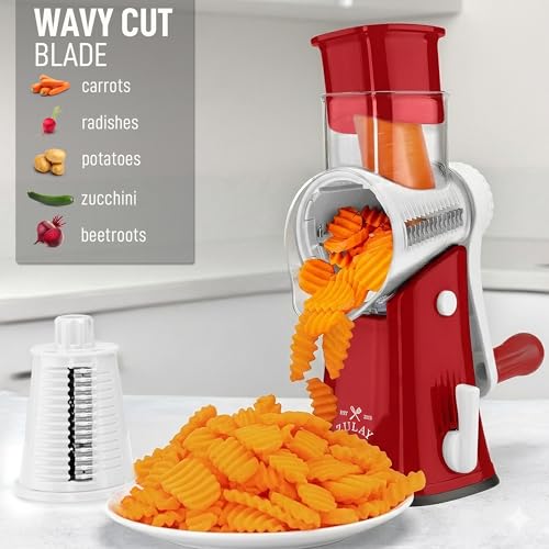 Rotary Cheese Grater Manual Hand Crank 5 Blade Shredder (5 Blades / White and Red)