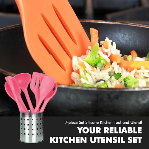 Premium Silicone Kitchen Tools and Utensils Set (7 Piece Set / Pink)