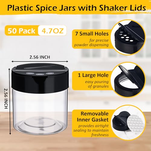 50 Pack 4.7 oz Plastic Spice Jars with Black Cap Empty Clear Plastic Spice Bottle Containers Reusable Seasoning Jars with Shaker Lids for Kitchen Storing and Dispensing Salt Powders (4.7 oz)