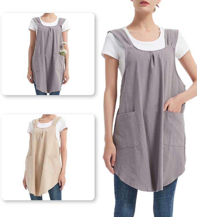 Japanese Apron for Women with 2 Roomy Pockets Linen Cross Back Aprons Cute Pinafore Dress For Kitchen Cooking Baking Work Gardening Painting Crafting (Beige)