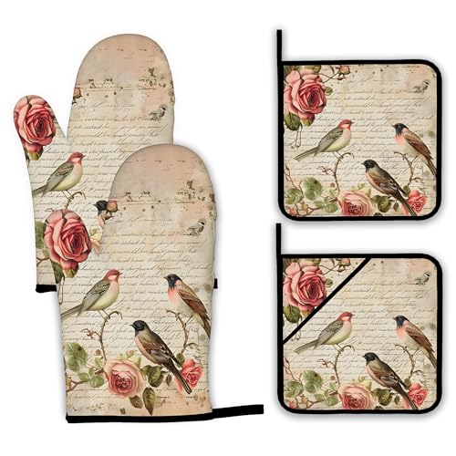 Vintage Bird Oven Mitts and Pot Holders (Vintage Bird Pink Rose Flower)