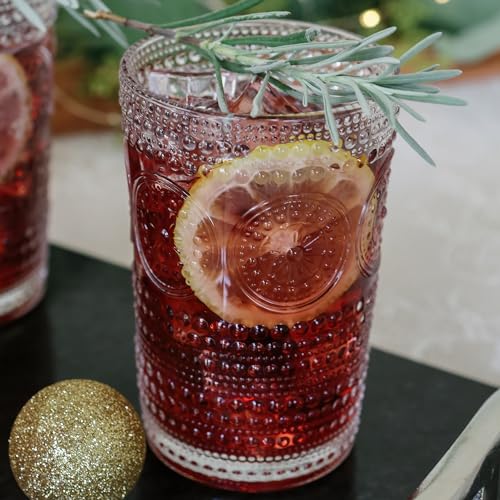 Hobnail Beaded Floral Clear Drinking Glasses Set of 6 (Clear / 13 oz)