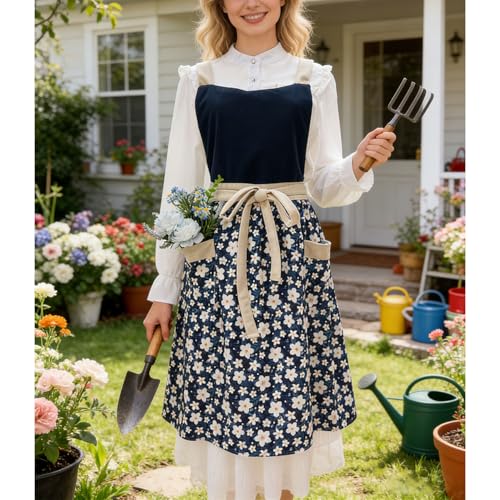 Pinafore Apron Dress for Women Adjustable Flower Work Aprons for Kitchen Cooking Baking Gardening with Pockets (Navy)