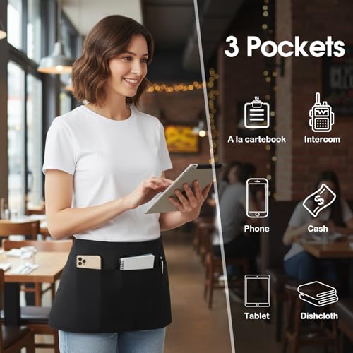 3 Pockets Waitress Apron 12 Pack Cotton Server Apron Black Half Aprons for Men & Women Waterproof and Oil Proof (E-12 Pack Black)