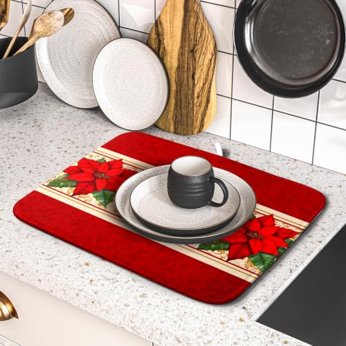 Poinsettia Flowers Dish Drying Mat 16"x18" Christmas Red Decorative Dish Drainer Mats Xmas Winter Floral Print Reversible Microfiber Dish Drying Rack Pad for Kitchen Countertop Sink (18" x 16")