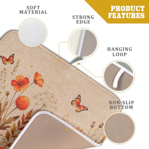 Rustic Fall Flowers Dish Drying Mat Retro Autumn Orange Floral Butterfly Dish Drainer Mats 16"x18" Microfiber Reversible Dish Drying Rack Pad Protector for Kitchen Countertop Decor (18" x 16")