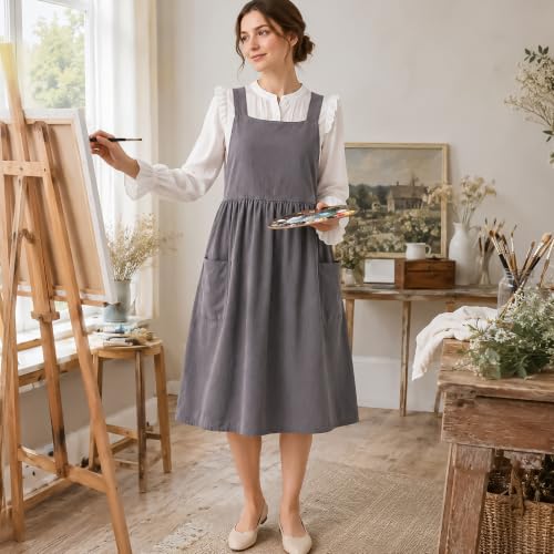 Cotton Linen Apron with Pockets (Grey)