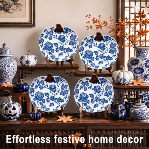 4 Pcs Chinoiserie Blue and White Fall Pumpkin Ceramic Plate 8.6" Decor (Blue Floral)
