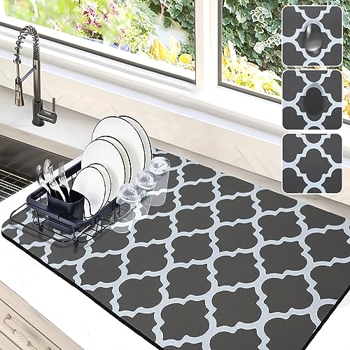 Dish Drying Mat for Kitchen Counter (Grey Trellis / 16" x 24")