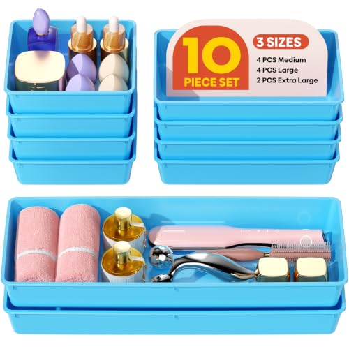 10 Pack Large Size Plastic Drawer Organizers Set (Blue)