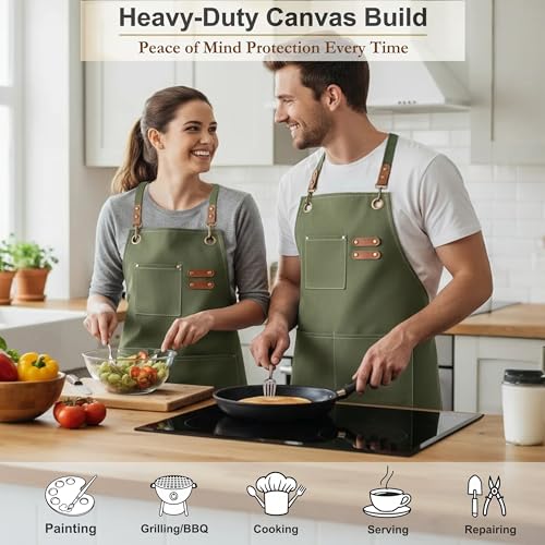 Aprons for Men Women with 3 Pockets (Olive Green)