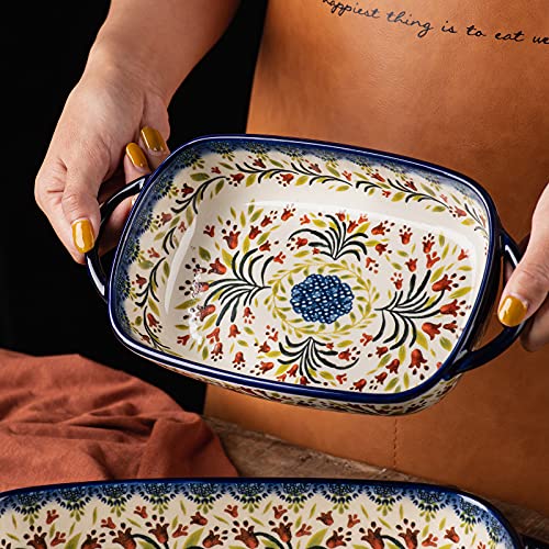 Baking Dish Ceramic Baking Pan Blue Casserole Dish Rectangular Baking Set 2pcs Bakeware Sets Single Serving Size Lasagna Pan Baking Dishes for oven (The tulip)