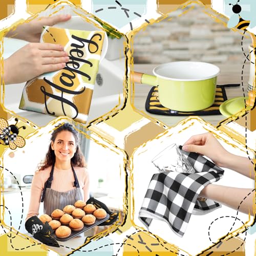 6 Plaid Bee Kitchen Towels Oven Mitts and Pot Holders Sets (Yellow and Black / Bee)