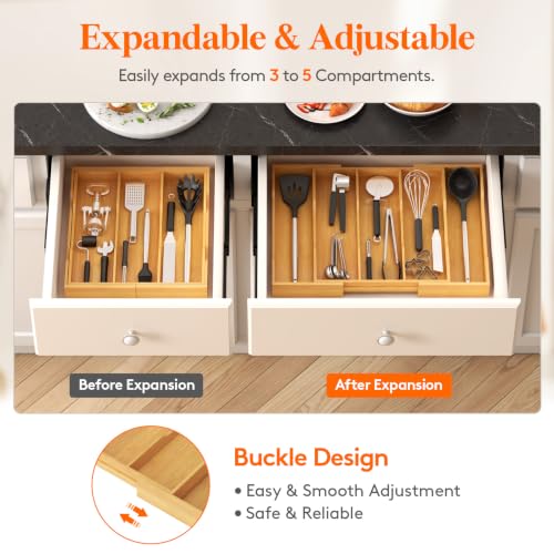 Bamboo Utensil Organizer for Kitchen Drawer (Natural / 12.6~22.8''W x 14'' D)