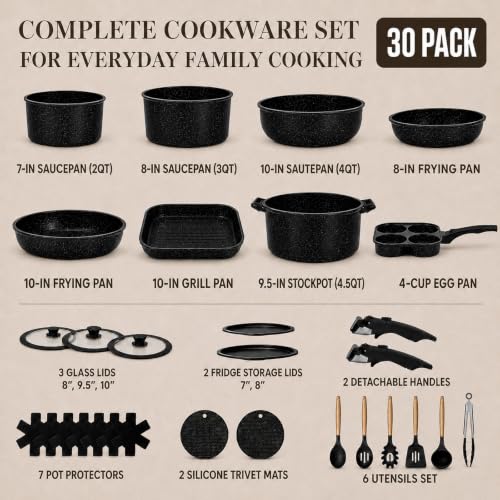 30 Piece Nonstick Pots and Pans Set (Black / 30 Pack)