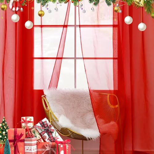 Solid Sheer Rod Pocket Curtain Voile Draperies 4 Panels White Beige Black Grey Ivory 52 Inch Width 84 Inch Long 1 Pair for Kitchen Bedroom Children Living Room Yard (Red / 52"W x 84"L (Pack of 4))