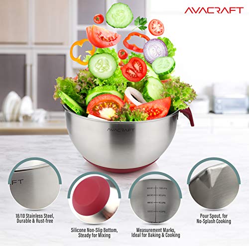 18 10 Stainless Steel Mixing Bowls with Lids (Red)