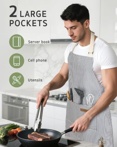 2 Pack Kitchen Apron with 2 Pockets for Women (Stripe Pink Blue Pin / 2 Polycotton)