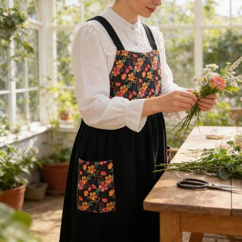 Cotton Linen Apron Cross Back Apron for Women with Pockets Pinafore Dress (Floral Black)