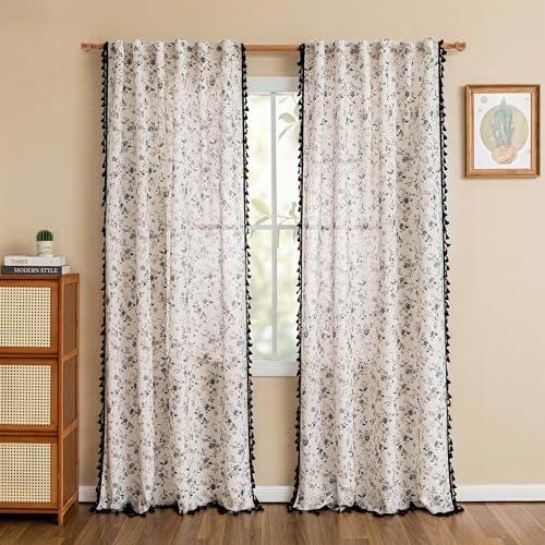 Floral Boho Linen Curtains 84 Inch Length 2 Panels with Black Tassel Semi Sheer Black Cottagecore Vintage Farmhouse Spring Printed Window Curtains Back Tab Living (Black / 50"W x 84"L (Pack of 2))