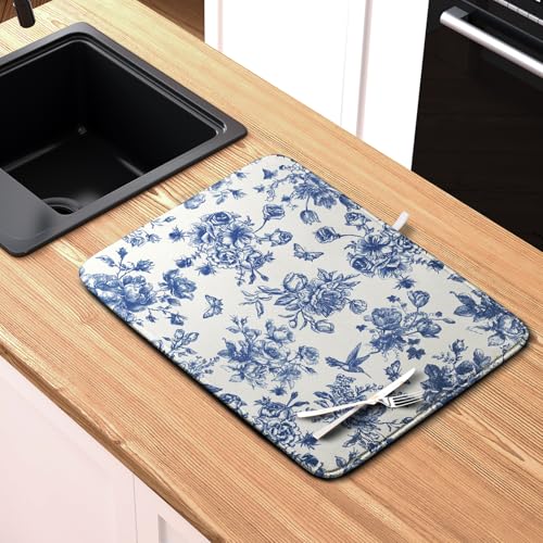 Dish Drying Mat for Kitchen Counter Blue and White Floral Drying Mats Chinoiserie Vintage Flowers Dish Drying Pad for Dishes Microfiber Absorbent Dish Drainer Rack Mat for Countertop 18x24 Inch (Floral Blue and White / 18" x 24")
