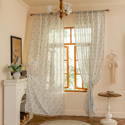 Blue Floral Semi Sheer Boho Linen Curtains 63 Inch Length 2 Panels for Living Room Bedroom Light Filtering Spring Vintage Farmhouse French Tassels Back Tab Drapes (Blue and Green / 50"W x 63"L (Pack of 2))