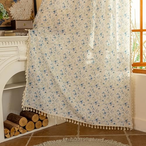 Blue Floral Farmhouse Semi Sheer Curtains 84 Inches Long Linen Blend Boho Vintage Light Filtering Privacy Rustic Country Drapes with Tassel Back Tab for Living (Blue and Green / 50"W x 84"L (Pack of 2))