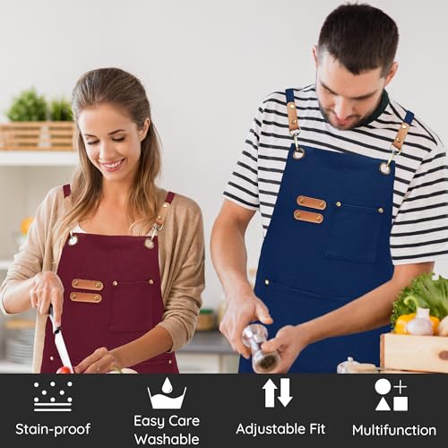 Chef Canvas Aprons with 3 Large Pockets Adjustable Strap for Men Women Blue (Blue)