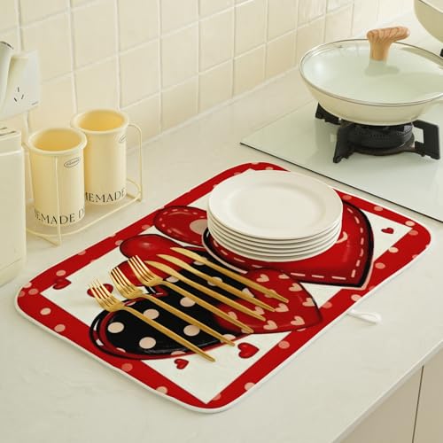 Valentines Dish Drying Mat 18x24 Inch Black Red Hearts Dish Drainer Protector Pad for Kitchen Counter Absorbent Holiday Love Drying Pad for Drainer Rack Kitchen Fast Dry (Love / 18" x 18")