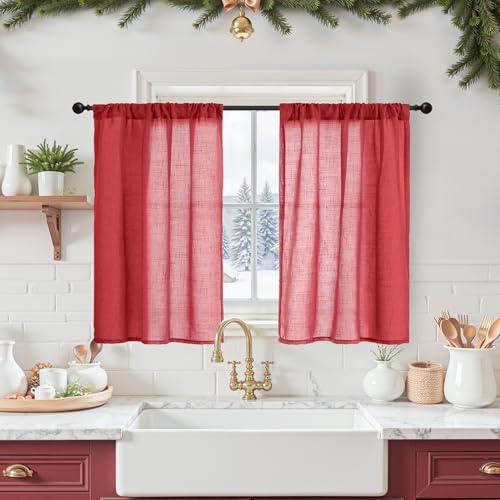 Red Linen Cafe Curtains 36 Inch Length (Red / 24"W x 36"L (Pack of 2))