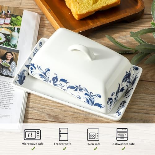 Ceramic Butter Dish with Lid Blue and White Vintage Floral Butter Container (white 2)
