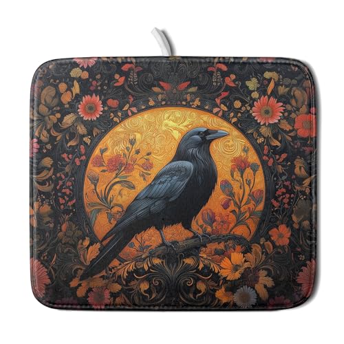 Vintage Crow Dish Drying Mat 16"x18" Gothic Black Raven Boho Flowers Dish Drainer Mats Rustic Halloween Farmhouse Reversible Small Dish Drying Pad Protector for Kitchen Countertop Decor (18" x 16")