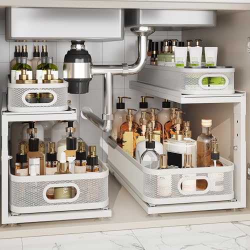 2 Pack 21IN Depth Under Sink Organizer With Next (White / 2 Pack-21"Dx12.4"-16.5"H)