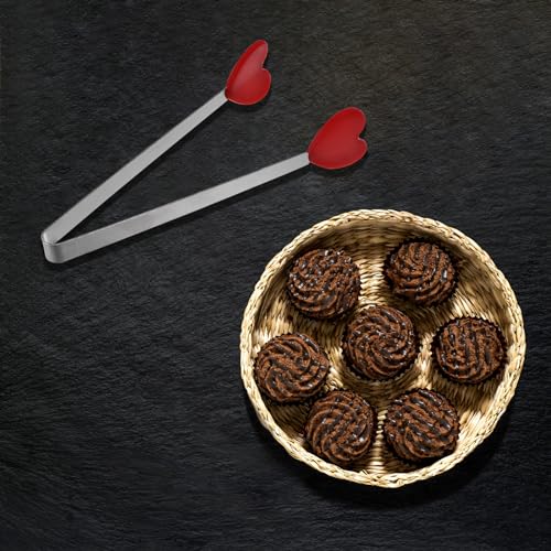 Mini Food Tongs 5.3" Heart Shape Stainless Steel with Silicon Tips Small Cooking Tongs Kitchen Food Tongs Serving Tongs for Cooking Grilling BBQ Barbecue Kitchen (Red)