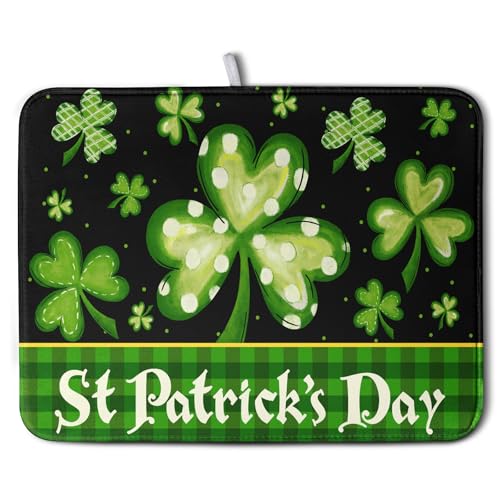 Happy St. Patrick's Day Kitchen Drying Mat Green Plaid Lucky Shamrock Clover Dish Drying Mat St Patrick's Day Super Absorbent Dish Dry Pad Microfiber Dish Drainer Mats for Kitchen Counter 18x24 Inch (St Patrick's Day / 18" x 24")
