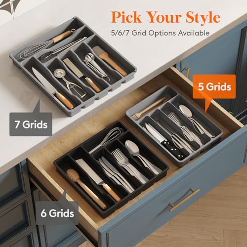 Silverware Drawer Organizer Tray (Gray / 9.1 x 12.6 inch (5 Slots))