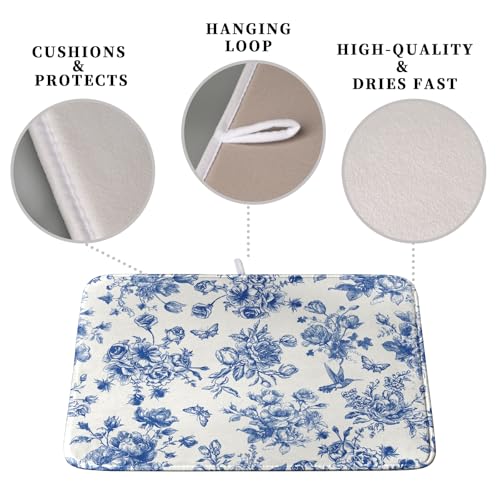 Dish Drying Mat for Kitchen Counter Blue and White Floral Drying Mats Chinoiserie Vintage Flowers Dish Drying Pad for Dishes Microfiber Absorbent Dish Drainer Rack Mat for Countertop 18x24 Inch (Floral Blue and White / 18" x 24")