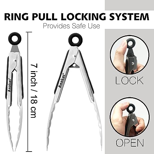 3 Pack 7" Mini Stainless Steel Locking Tongs (7 Inch / 3 Pcs Stainless Steel - Grey, Black, White)