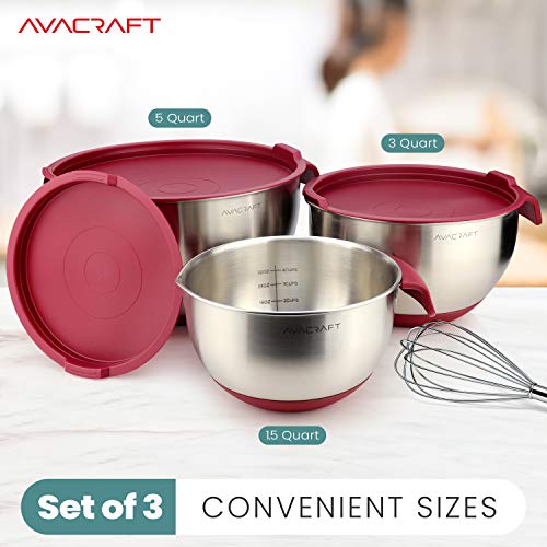 18 10 Stainless Steel Mixing Bowls with Lids (Red)