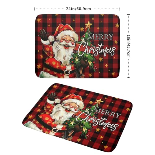 Merry Christmas Santa Claus Red Buffalo Plaid Dish Drying Mat for Kitchen Counter (18" x 24")