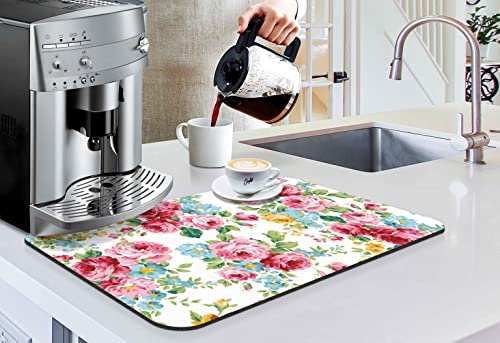 Coffee Bar Mat Accessories for Countertop Pioneer Flower Absorbent Hide Stain Rubber Backed Dish Drying Mats for Kitchen Counter Draining Pad Decor Gift Fit Under Coffee Maker (Pink Red Roses Floral / 12" x 19.5")