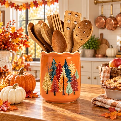 Fall Pine Tree Ceramic Utensil Holder Orange Autumn Chopstick Crock
