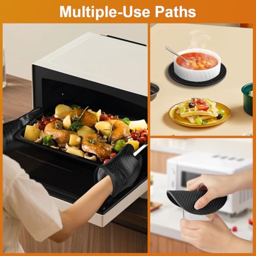 Oven Mitts with 2 Pot Holders (Black With Fingers)