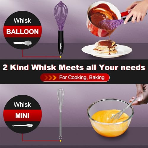 Whisk Silicone Whisks Set of 5 (5pcs Purple + Stainless Steel;7+9+11in & 5+7in)