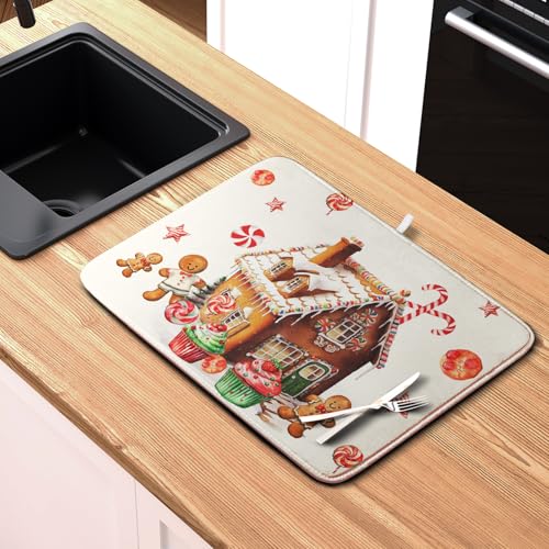 Christmas Dish Drying Mat for Kitchen Counter 16x18 Gingerbread House Man Candy Canes Cookie Cake Drying Mat for Dishes Xmas Winter Holiday Microfiber Drying Pad Dish Drying Pad for Coffee Bar Sink (Christmas Gingerbread / 16" x 18")